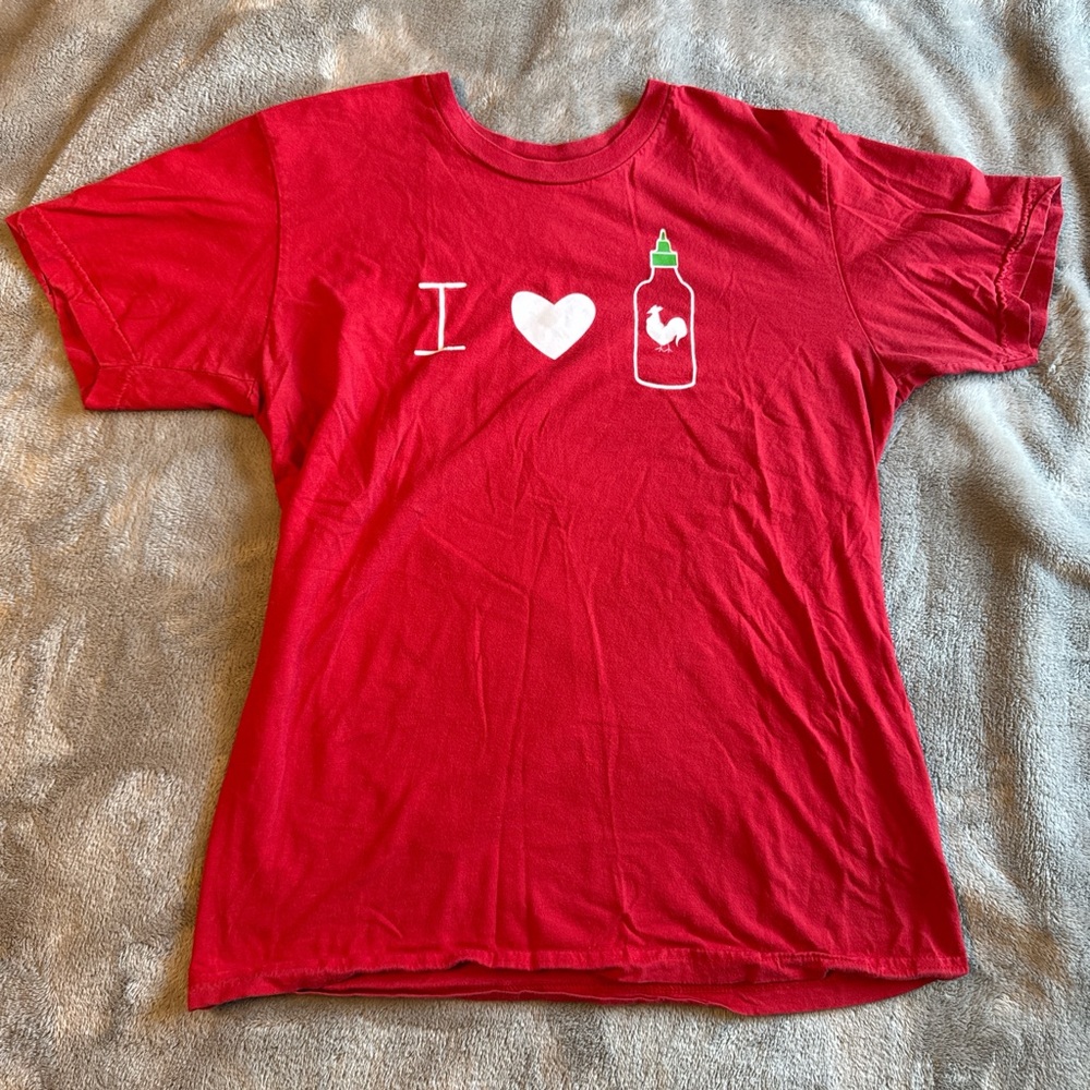Red T-Shirt with I Love Sriracha Graphic